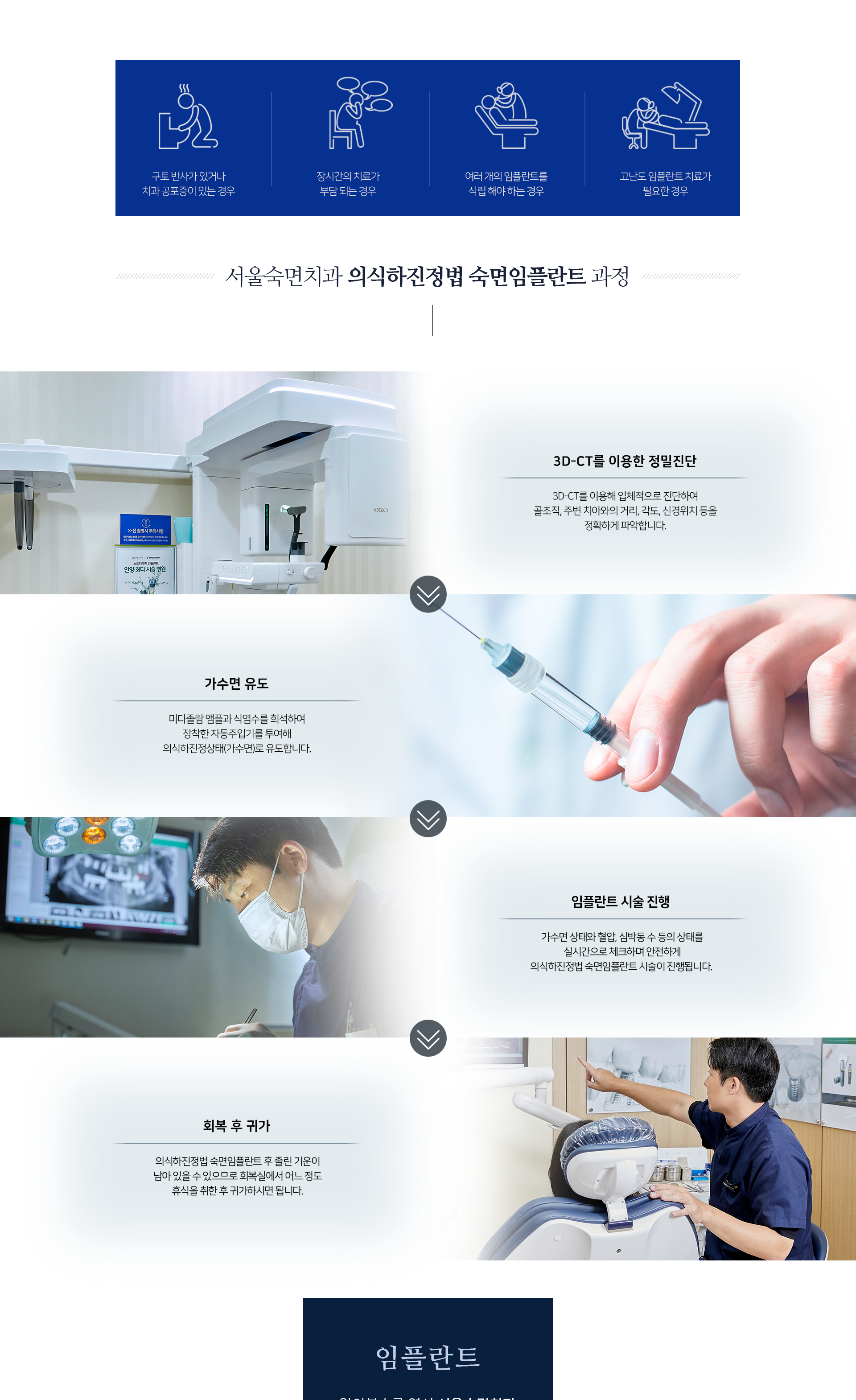 의식하진정법-숙면-임플란트-과정-1단계-3D_CT를-이용해-입체적으로-진단하여-골조직-주변-치아와의-거리-각도-신경-위치-등을-정확하게-파악합니다-2단계-가의식하진정법-숙면-유도-미다졸람-앰플과-식염수를-희석하여-장착한-자동주입기를-투여해-의식하진정상태로-유도합니다-3단계-임플란트-시술-진행-가의식하진정법-숙면-상태와-혈압-심박동-수-등의-상태를-실시간으로-체크하며-안전하게-임플란트-시술이-진행됩니다-4단계-회복-후-귀가-의식하진정법-숙면-임플란트-후-졸린-기운이-남아-있을-수-있으므로-회복실에서-어느-정도-휴식을-취한-후-귀가하시면-됩니다